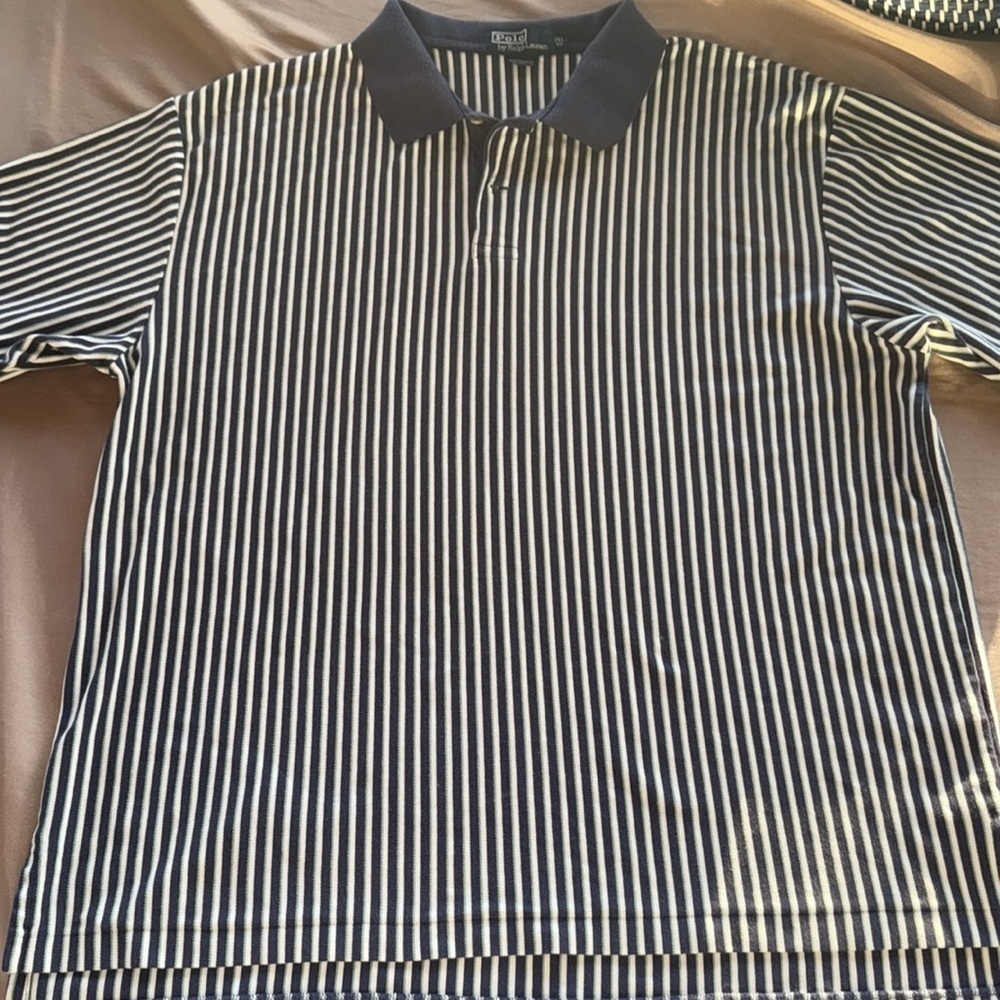 Ralph Lauren Rare Vintage Vertical Stripe Polo Navy Teal & White Stripe 2XL